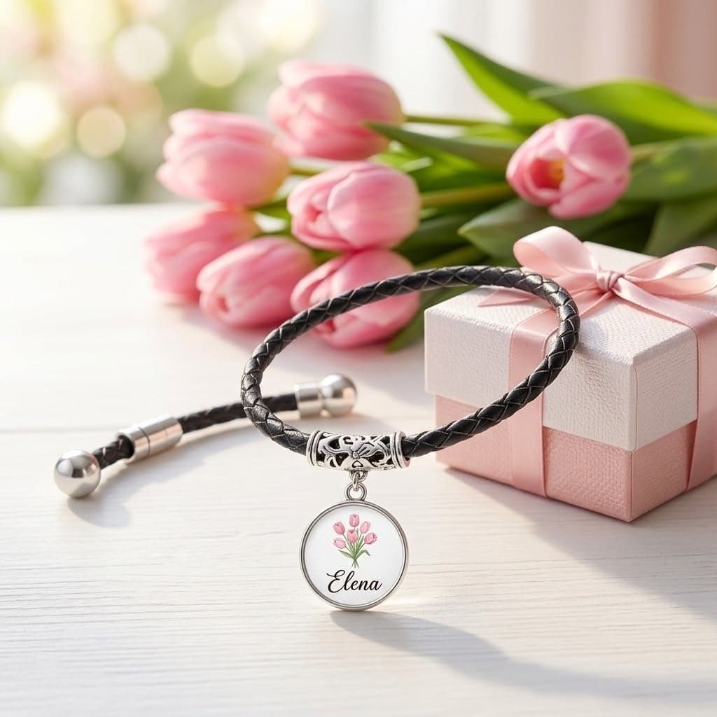 Brățară din piele cu pandantiv personalizat, cadou pentru 8 Martie