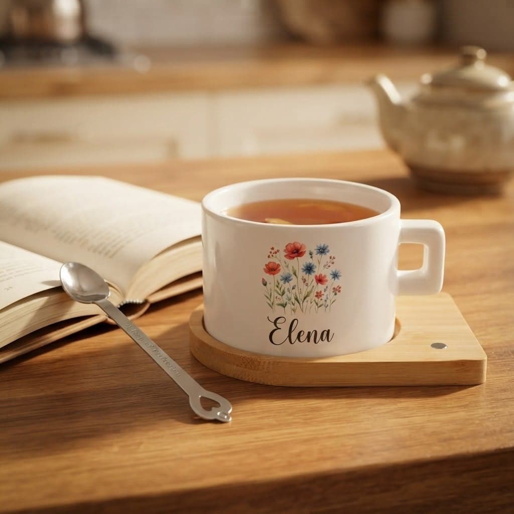 Set ceașcă personalizată cu suport de lemn și linguriță