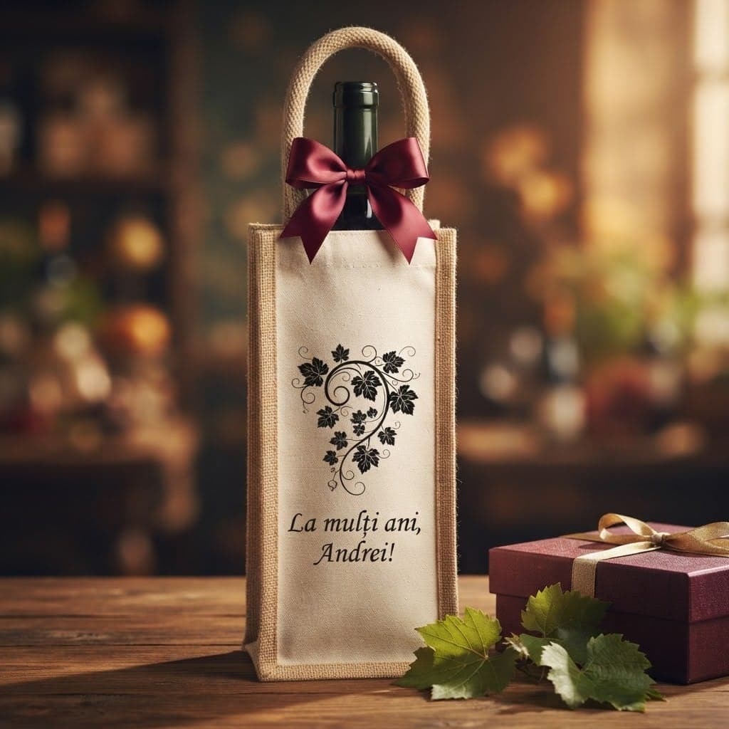 Sacoșă din iută pentru o sticlă de vin, personalizată
