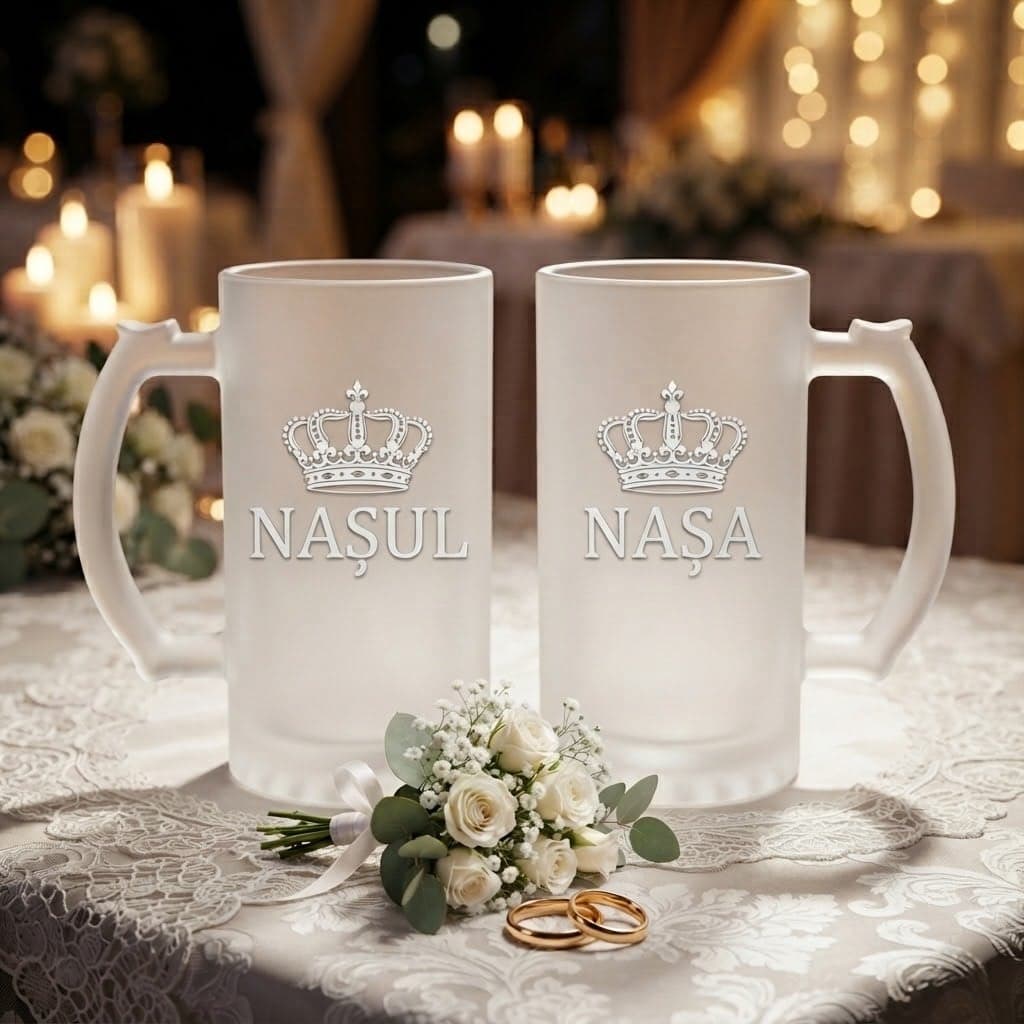 Set 2 halbe din sticlă gravate, cadou pentru naș