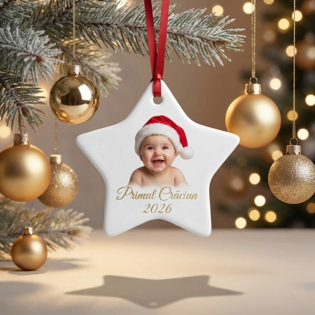 Ornament de brad stea din ceramică, cu poză