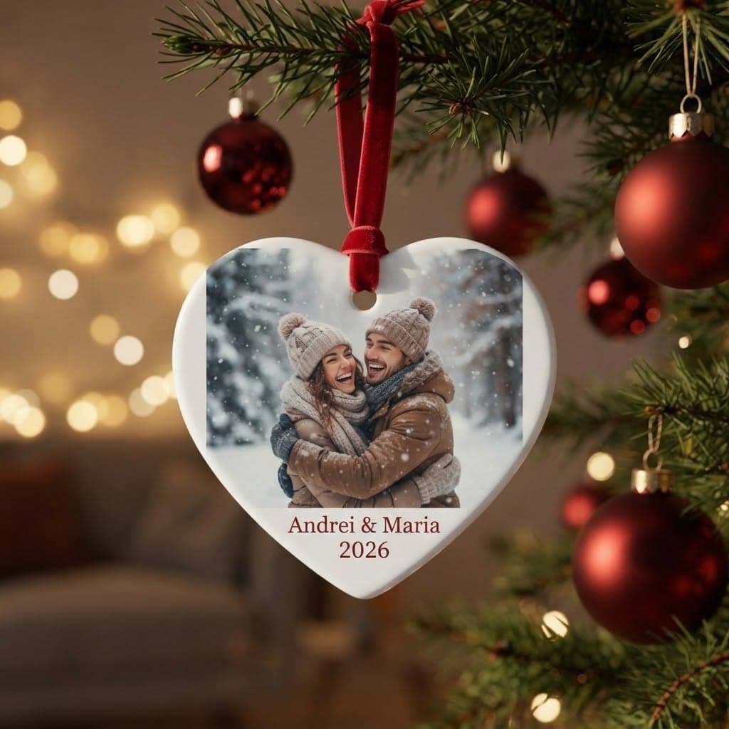 Ornament de brad inimă din ceramică, cu poză