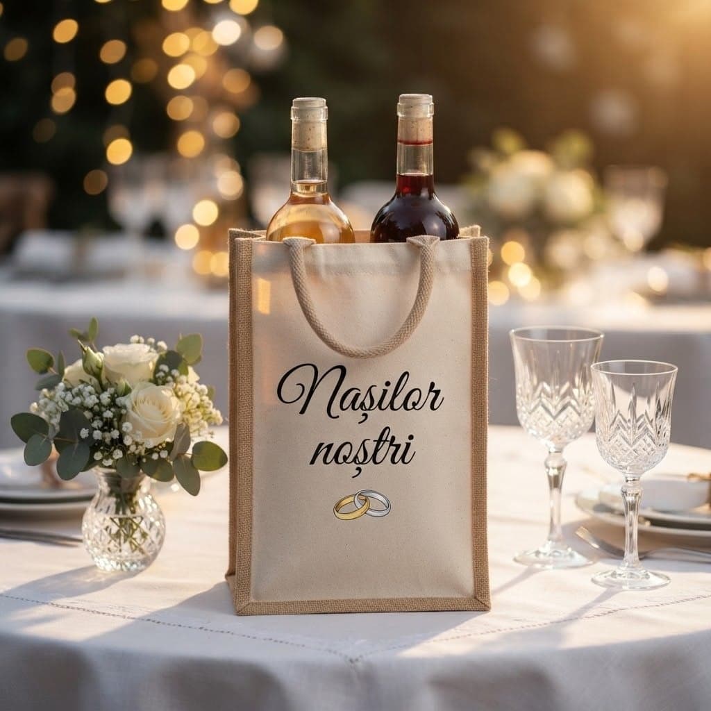 Sacoșă din iută pentru două sticle de vin, personalizată