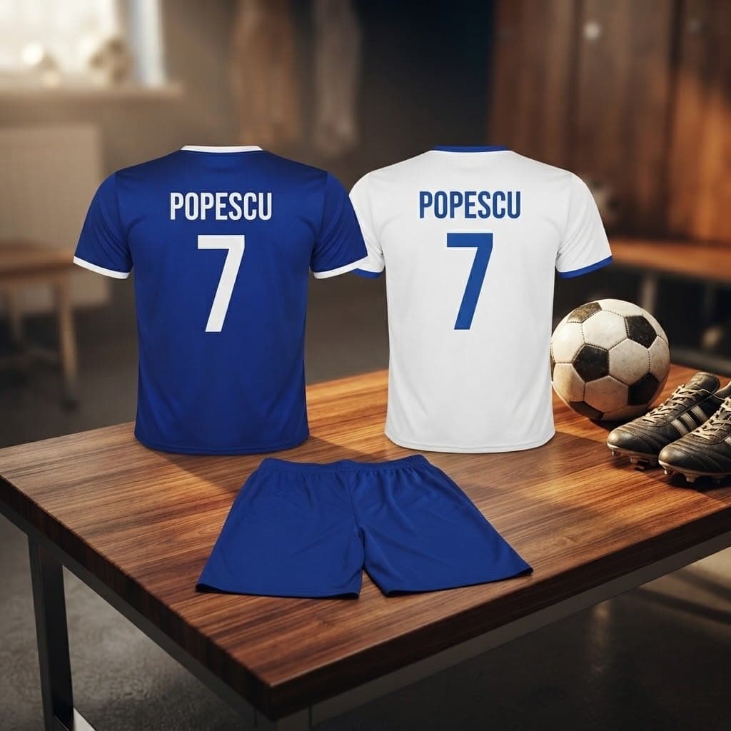 Echipament de fotbal personalizat cu nume și număr
