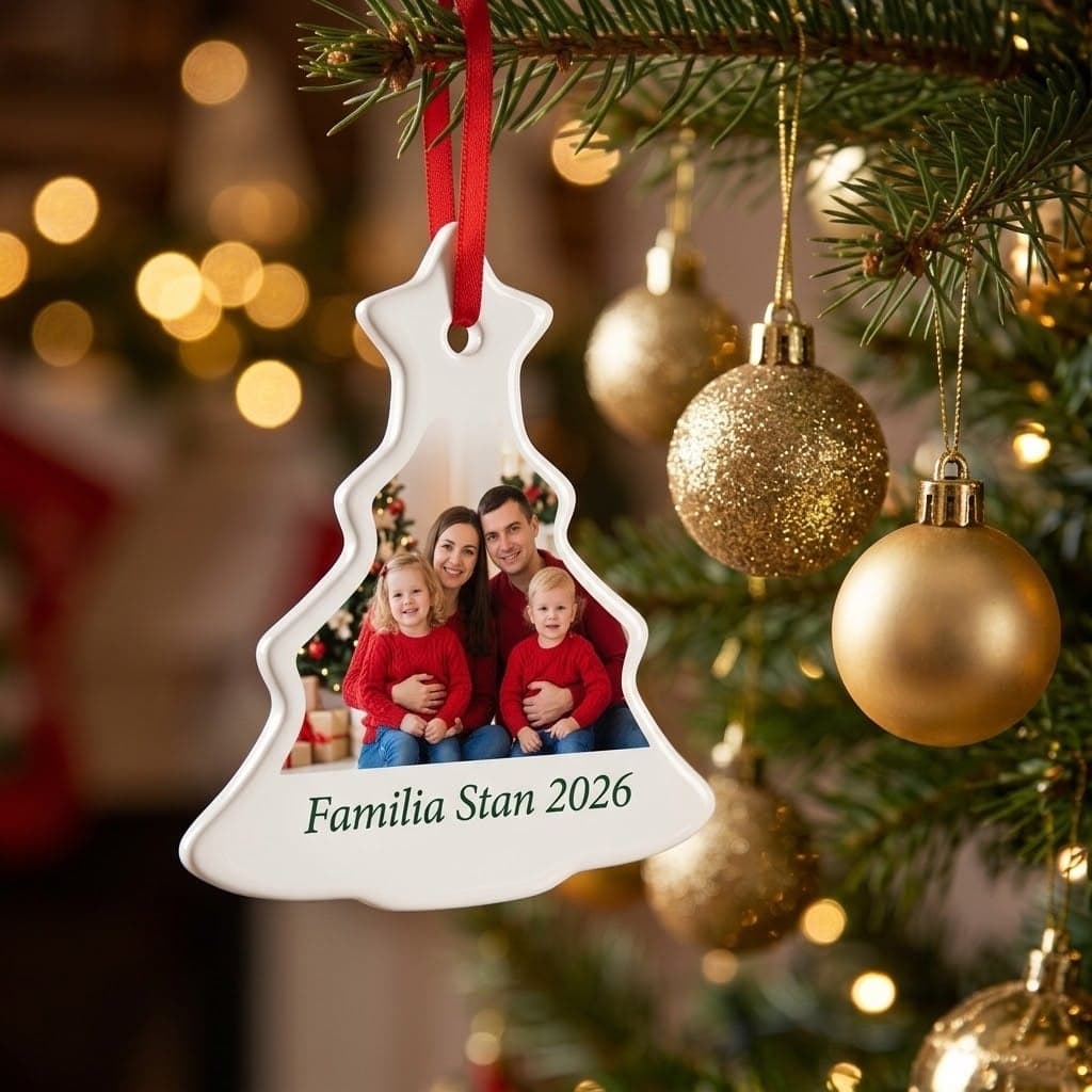 Ornament în formă de brăduț, din ceramică, cu poză