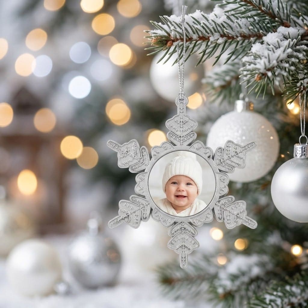 Ornament fulg de nea metalic, cu poză