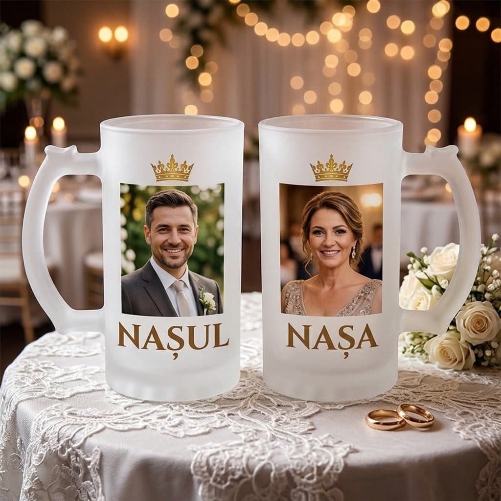 Set 2 halbe din sticlă cu poză, cadou pentru naș
