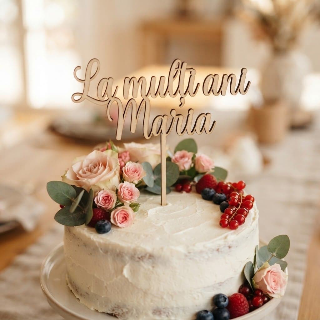 Topper de tort din lemn „La mulți ani” cu nume