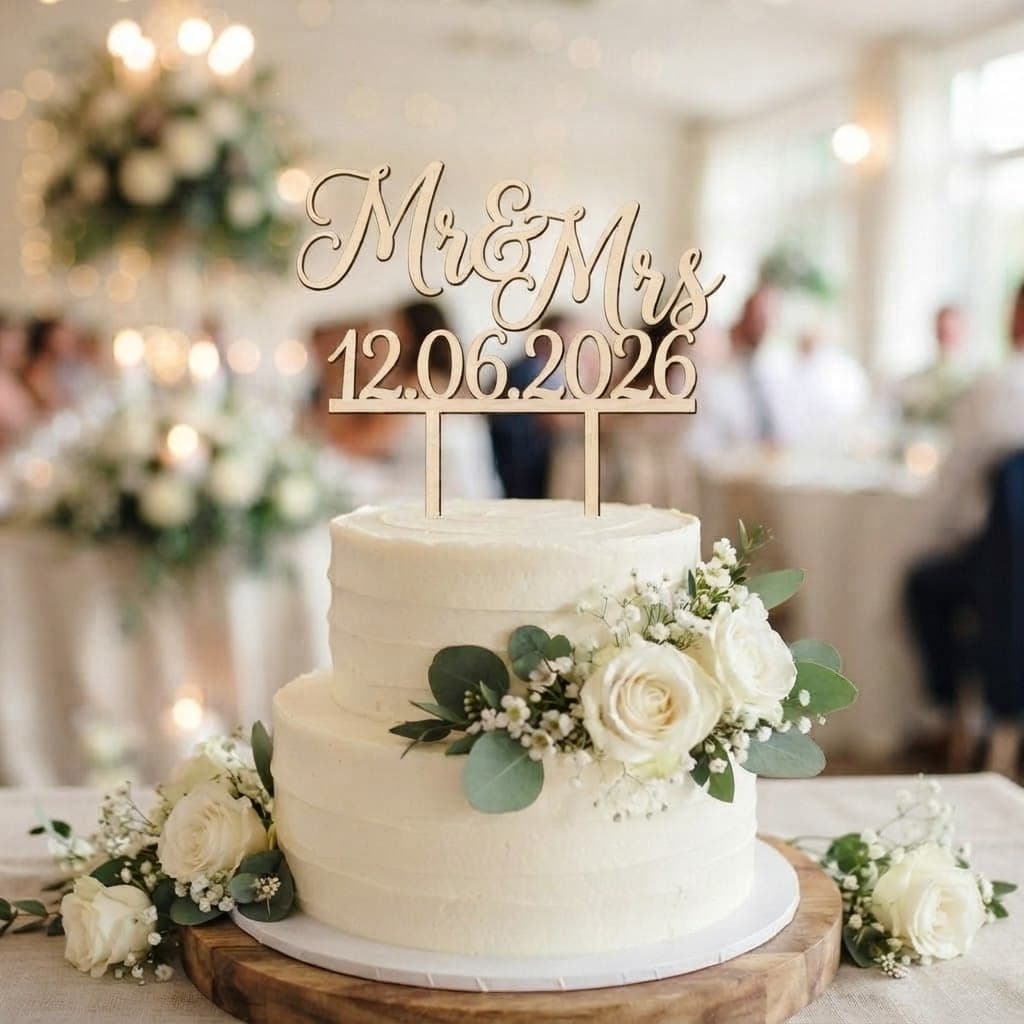 Topper de tort din lemn „Mr & Mrs” cu data nunții