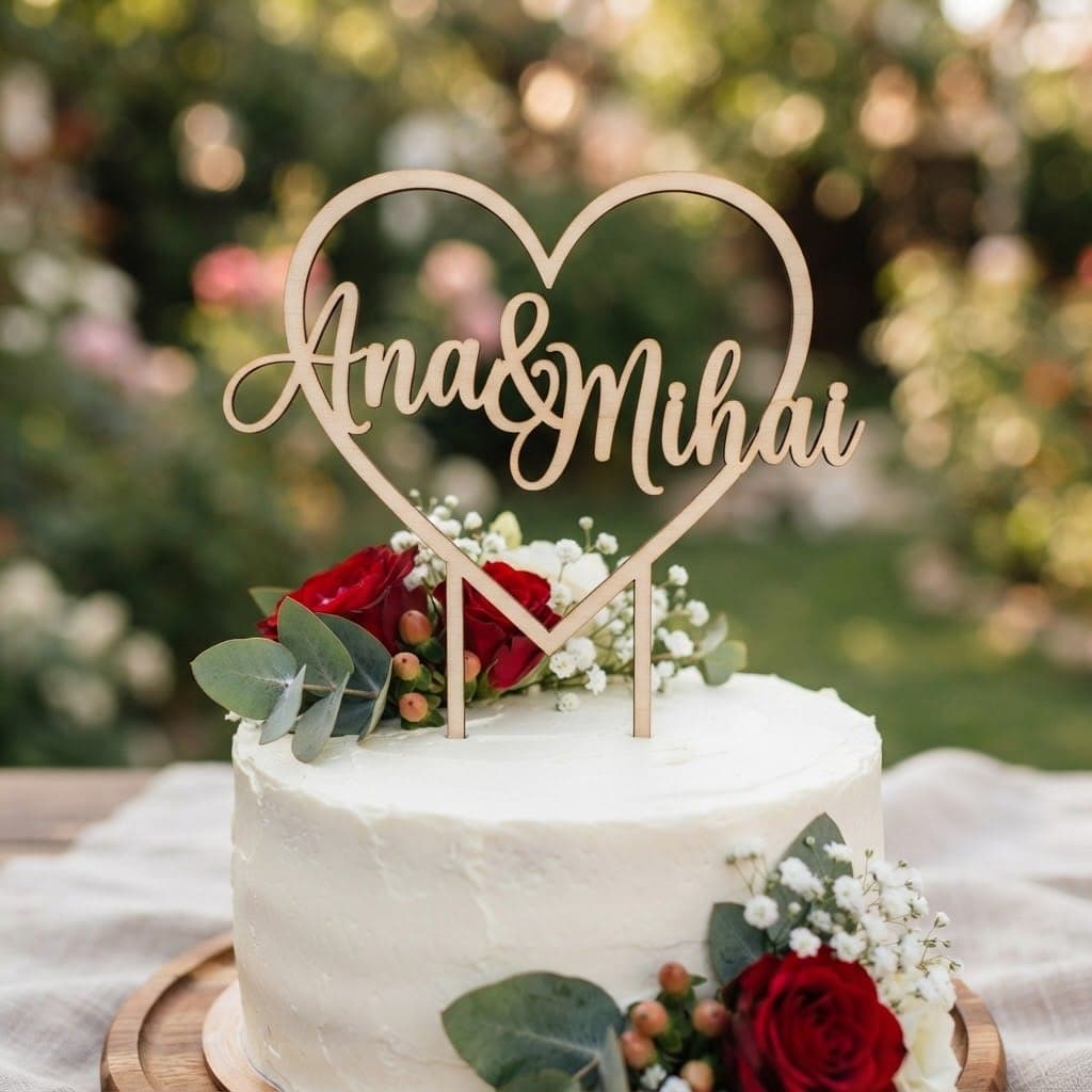 Topper de tort din lemn inimă cu numele voastre
