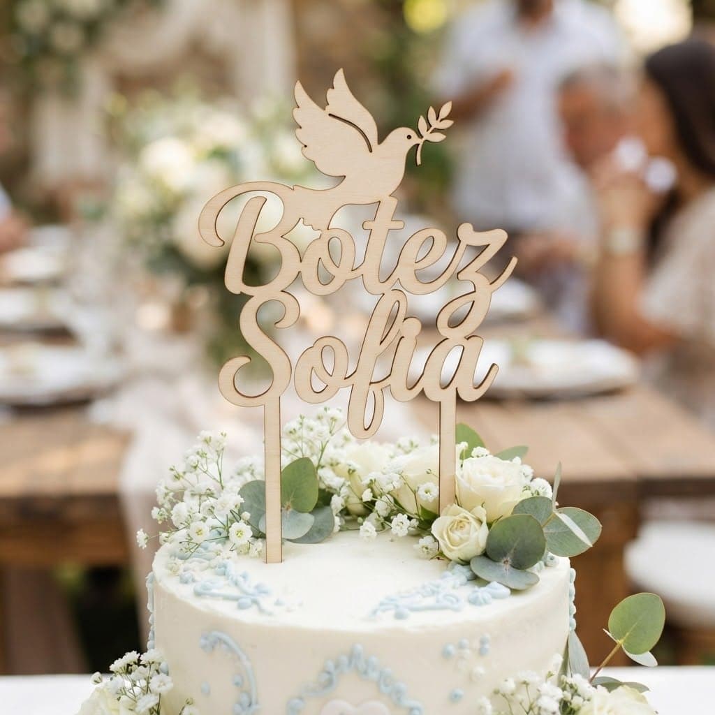 Topper de tort din lemn pentru botez cu nume