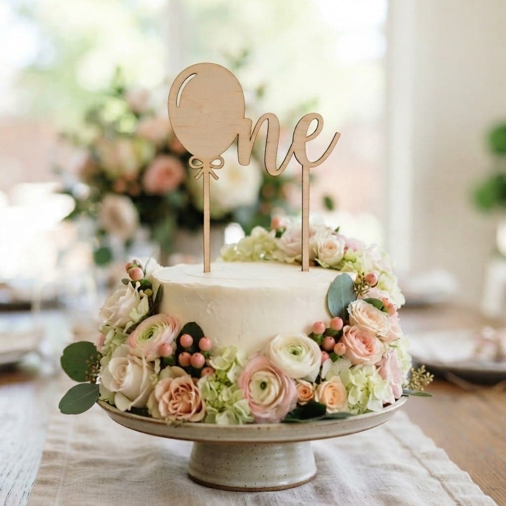 Topper de tort din lemn „One” pentru prima aniversare