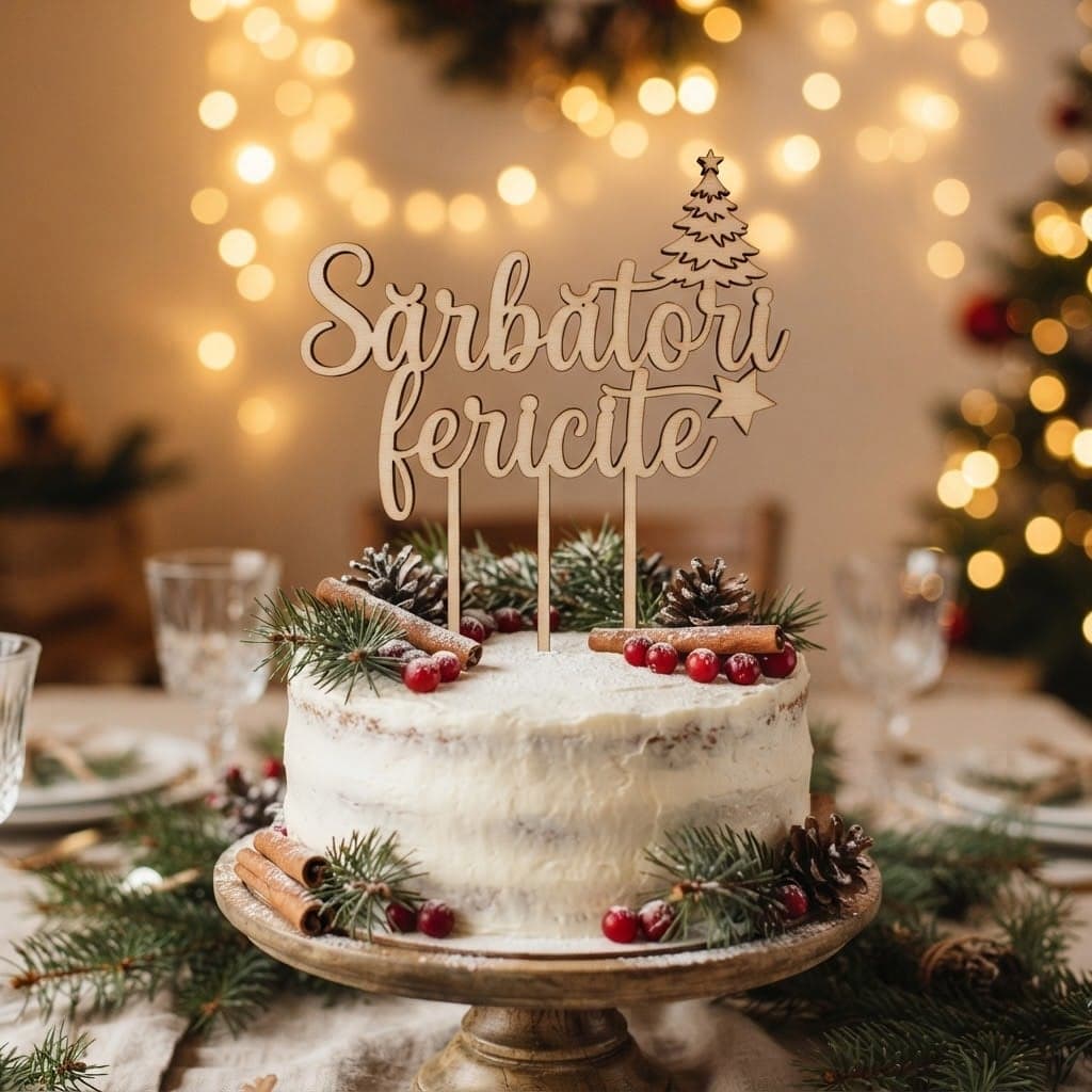 Topper de tort din lemn „Sărbători fericite”